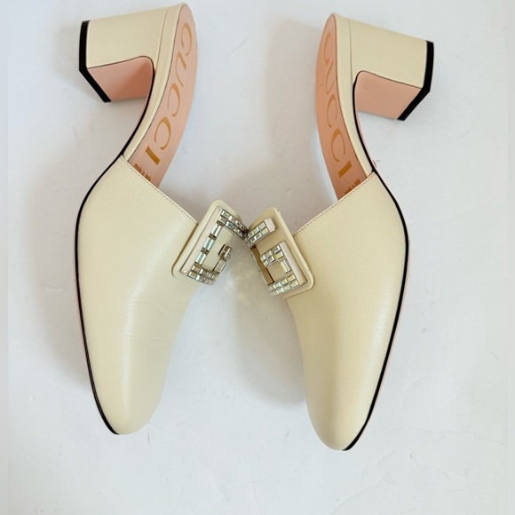 GUCCI Mystic White/ Off-white leather Madelyn Crystal G Mules Block heel  EU 41 - Picture 3 of 9
